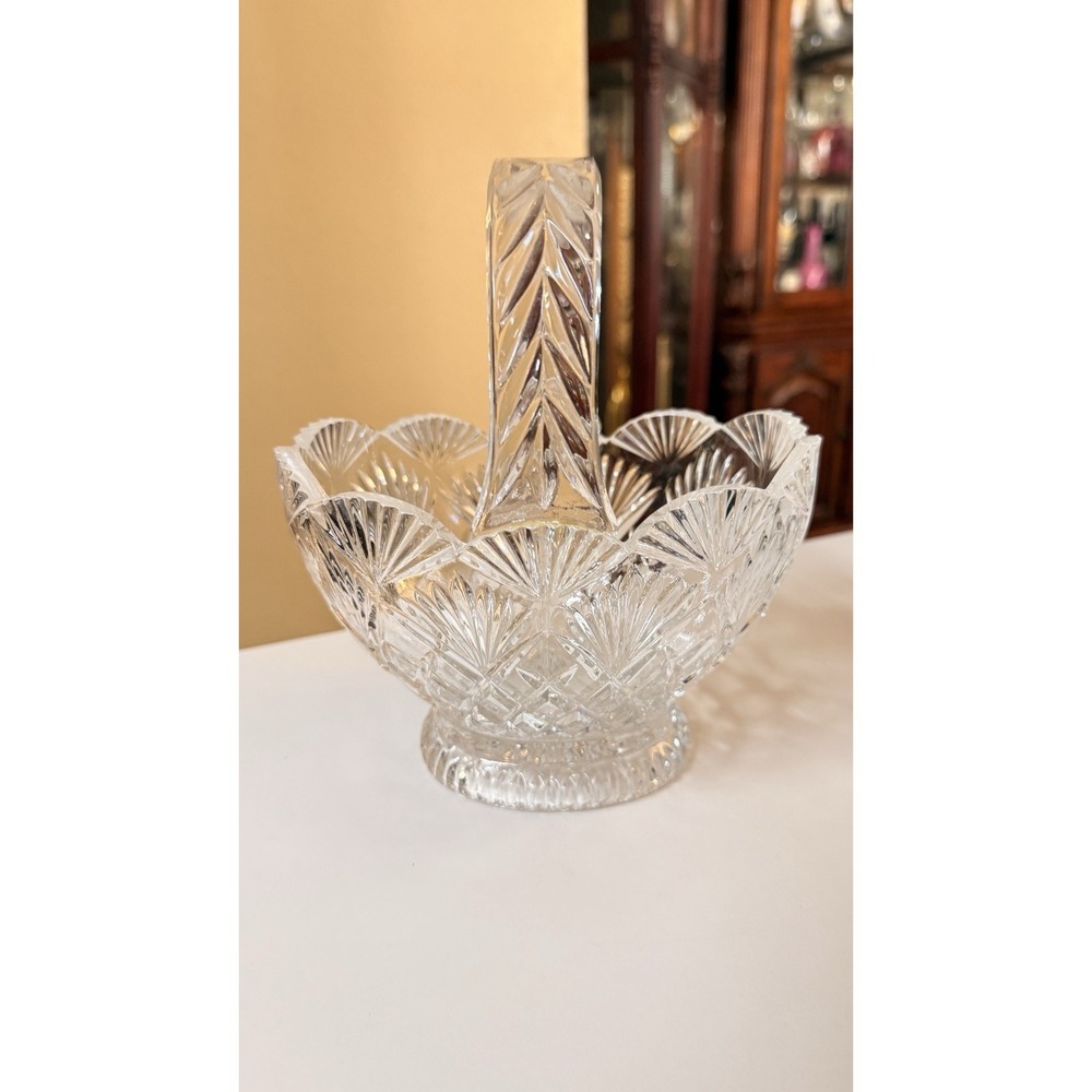 Vintage Cut Crystal Basket Bowl Handle Clear Pressed Glass Candy Dish Decorative